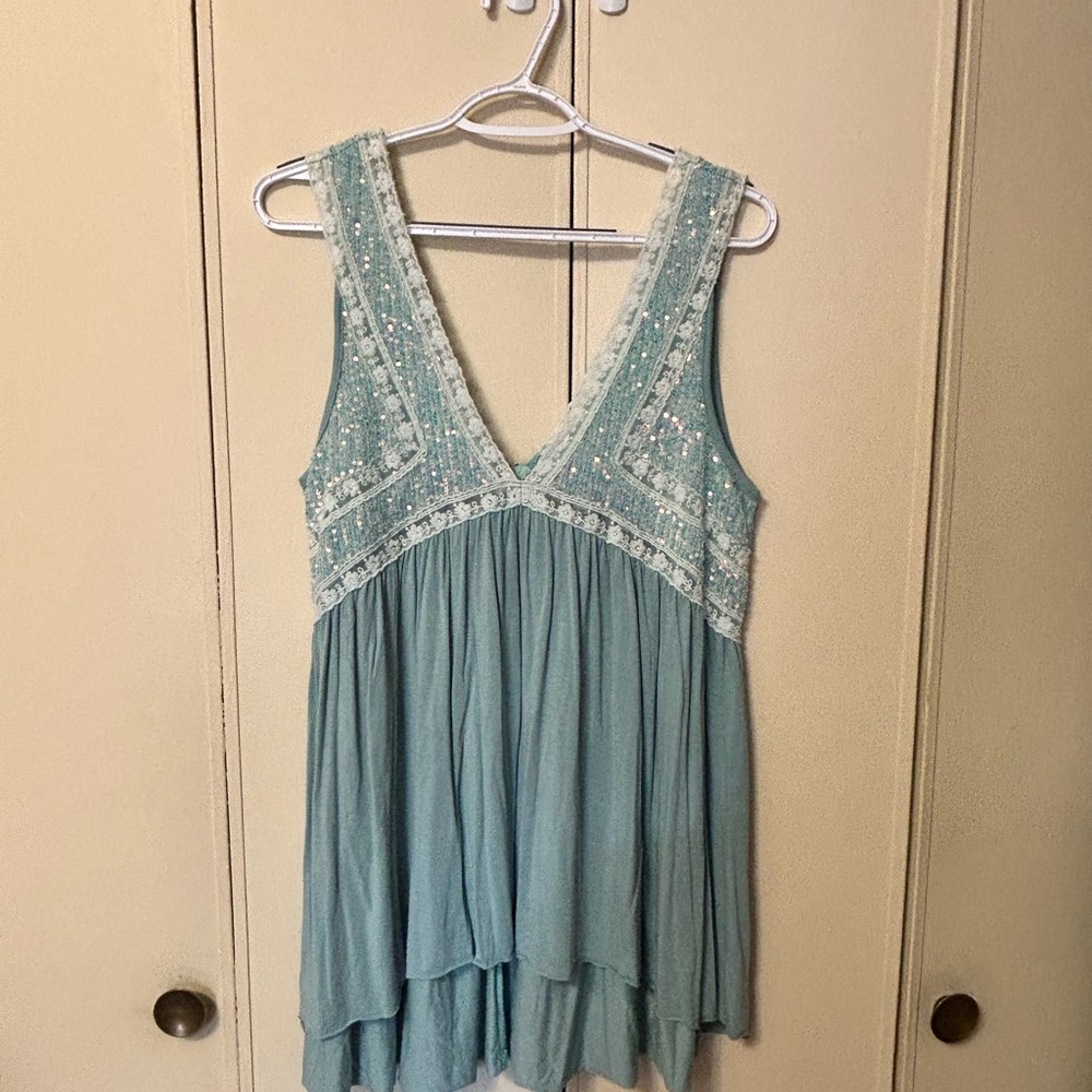 POL Teal Sequin Lace Tank Top
